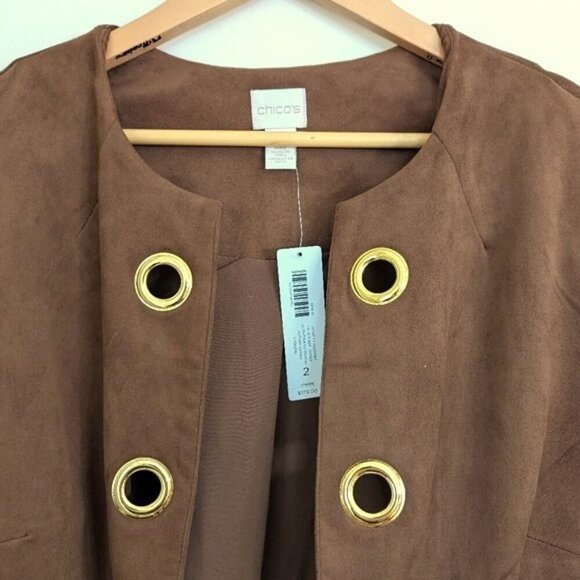 Chico's Open Front Faux-Suede Grommet Jacket Brown Size 2 (=L/12) - Picture 5 of 9